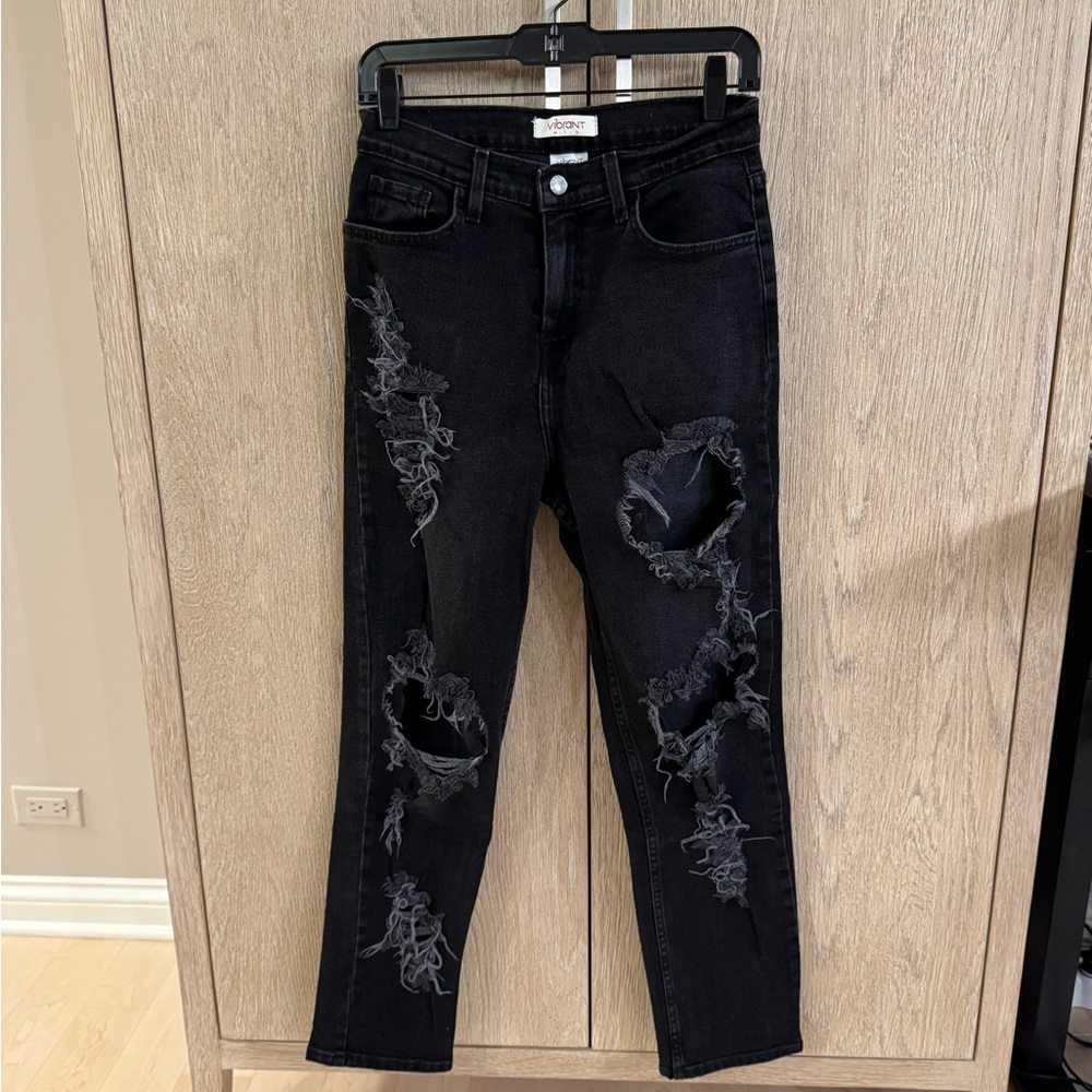 Vibrant Distressed Black Straight Leg Jeans